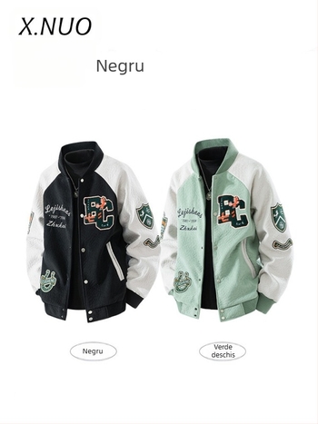 Jachetă baseball pentru bărbați din velur-fleece, cu broderie pe embleme, țesătură 95% poliester, căptușeală poliester, amestec de fibre chimice, model desen animat