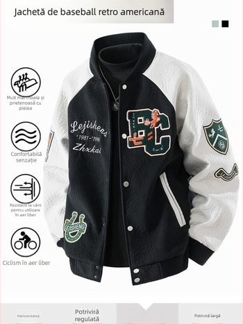 Jachetă baseball pentru bărbați din velur-fleece, cu broderie pe embleme, țesătură 95% poliester, căptușeală poliester, amestec de fibre chimice, model desen animat