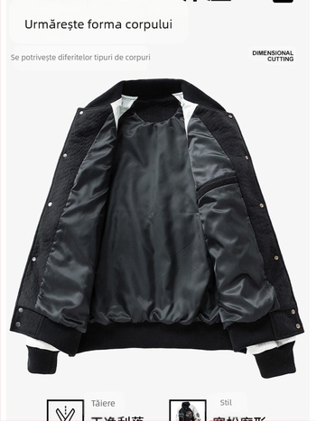 Jachetă baseball pentru bărbați din velur-fleece, cu broderie pe embleme, țesătură 95% poliester, căptușeală poliester, amestec de fibre chimice, model desen animat