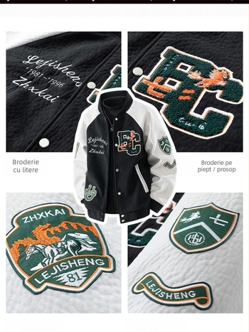 Jachetă baseball pentru bărbați din velur-fleece, cu broderie pe embleme, țesătură 95% poliester, căptușeală poliester, amestec de fibre chimice, model desen animat