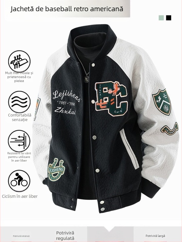 Jachetă baseball pentru bărbați din velur-fleece, cu broderie pe embleme, țesătură 95% poliester, căptușeală poliester, amestec de fibre chimice, model desen animat