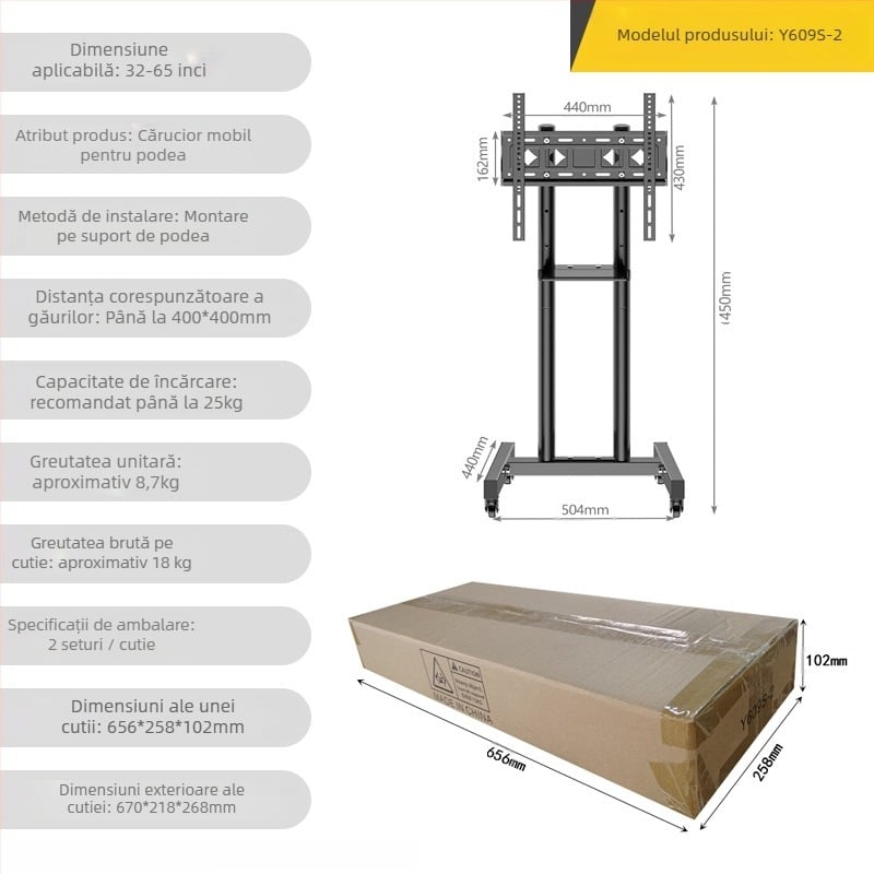 Suport mobil pentru televizor pe podea, oțel laminat la rece, model Y609S-2, greutate 8,7 kg, include kit de șuruburi pentru montaj, compatibil cu televizoare cu ecran plat