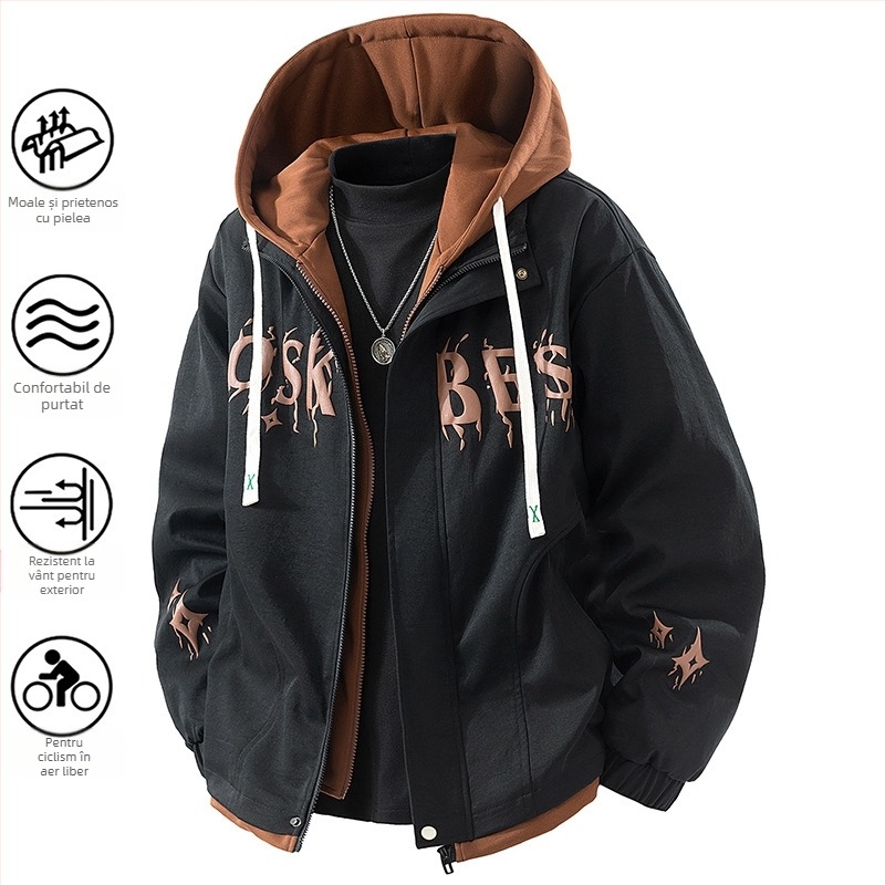 Geacă exterioară pentru bărbați cu glugă, protecție împotriva vântului, din poliester, mâneci lungi, grosime moderată