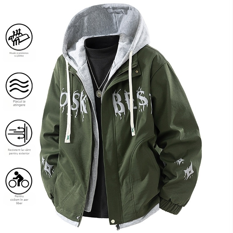 Geacă exterioară pentru bărbați cu glugă, protecție împotriva vântului, din poliester, mâneci lungi, grosime moderată