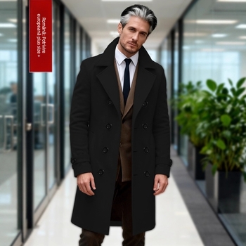 Palton windbreaker pentru bărbați, lung, cu nasturi dublu rând, croi slim, model solid, toamna 2025