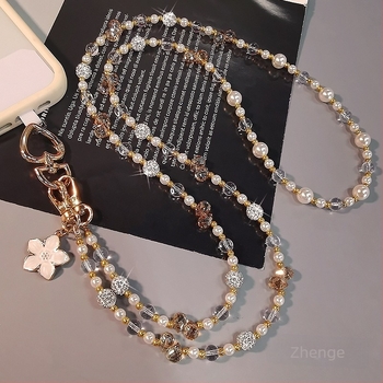 Lanț de telefon crossbody cu lanț lung, mărgele de cristal și perle, pandant geometric, lucrat manual, stil feminin, multifuncțional