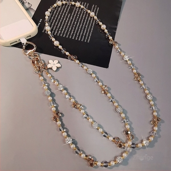 Lanț de telefon crossbody cu lanț lung, mărgele de cristal și perle, pandant geometric, lucrat manual, stil feminin, multifuncțional