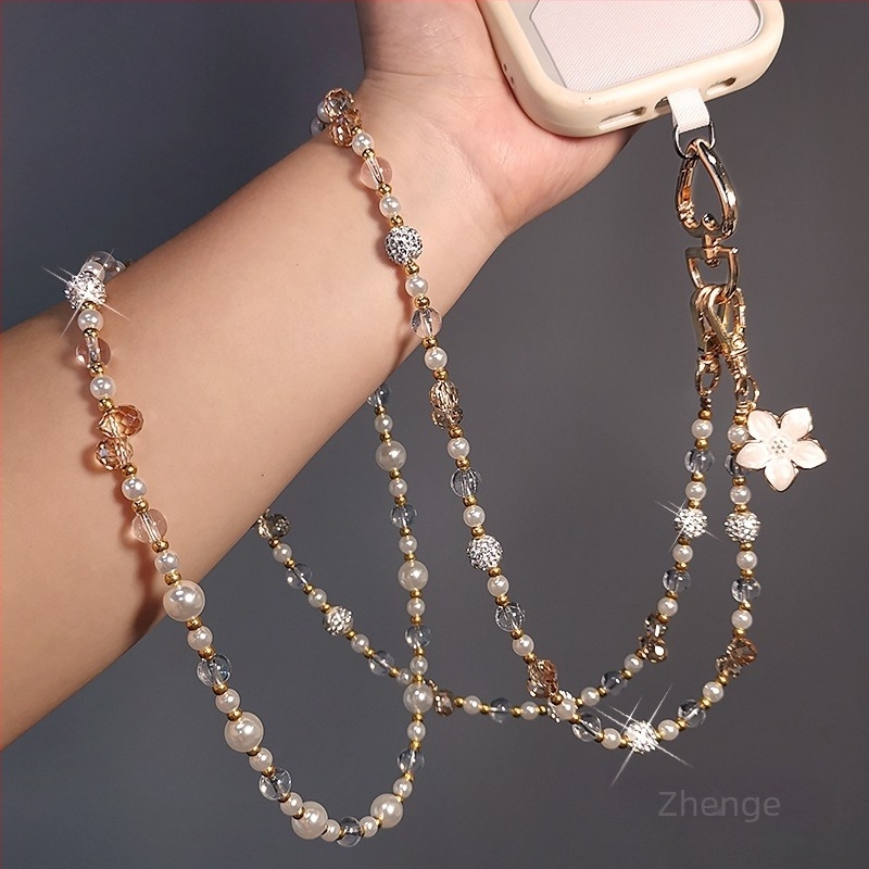 Lanț de telefon crossbody cu lanț lung, mărgele de cristal și perle, pandant geometric, lucrat manual, stil feminin, multifuncțional