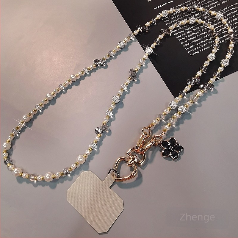 Lanț de telefon crossbody cu lanț lung, mărgele de cristal și perle, pandant geometric, lucrat manual, stil feminin, multifuncțional