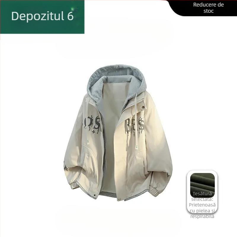 Geacă bărbătească cu glugă, aspect de două părți, Camel Wool și poliester, JK908