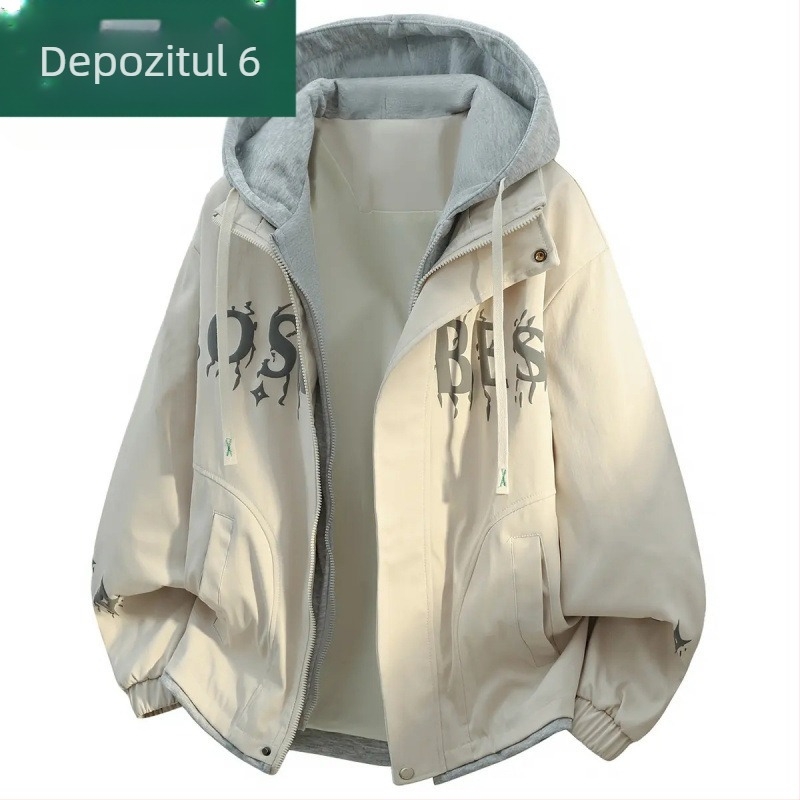 Geacă bărbătească cu glugă, aspect de două părți, Camel Wool și poliester, JK908