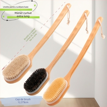 Perie de baie și masaj cu mâner de bambus lung și curbat, peri din păr de cal pentru masarea spatelui (adulți, pachet de 100)