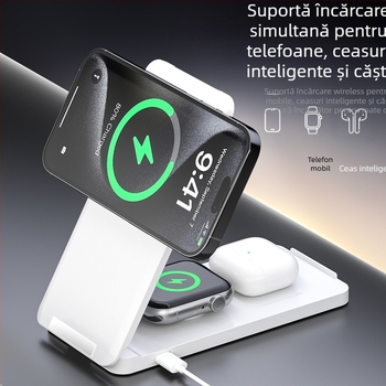 Încărcător magnetic wireless cu suport vertical pliabil pentru telefoane, ceasuri și căști Apple - 15W QC2.0