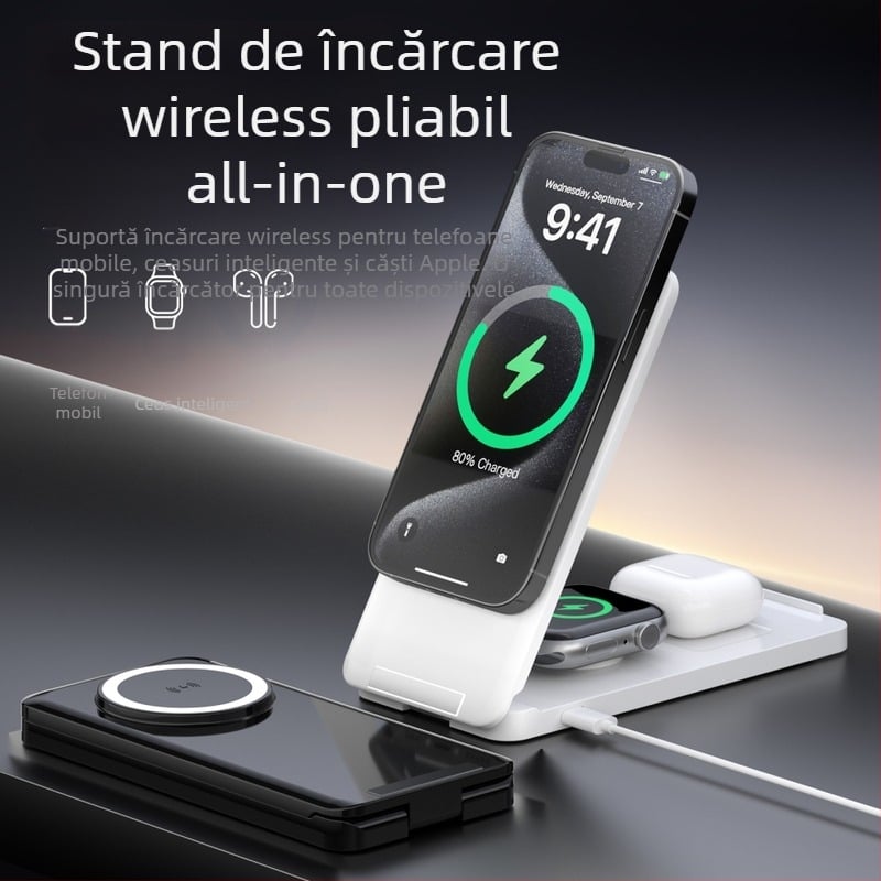 Încărcător magnetic wireless cu suport vertical pliabil pentru telefoane, ceasuri și căști Apple - 15W QC2.0