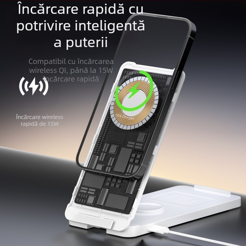 Încărcător magnetic wireless cu suport vertical pliabil pentru telefoane, ceasuri și căști Apple - 15W QC2.0