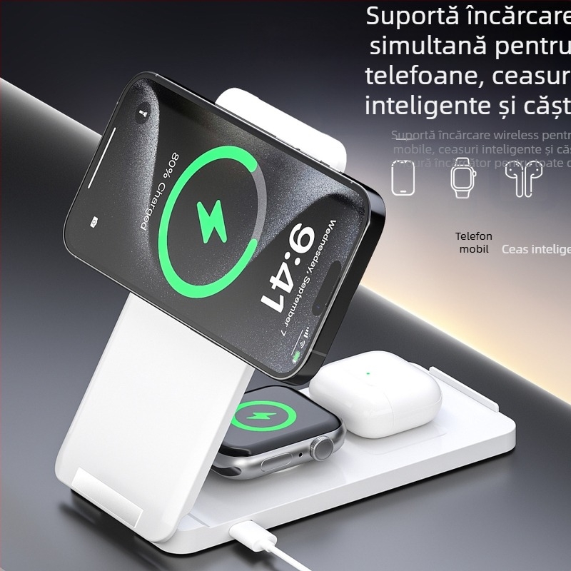 Încărcător magnetic wireless cu suport vertical pliabil pentru telefoane, ceasuri și căști Apple - 15W QC2.0