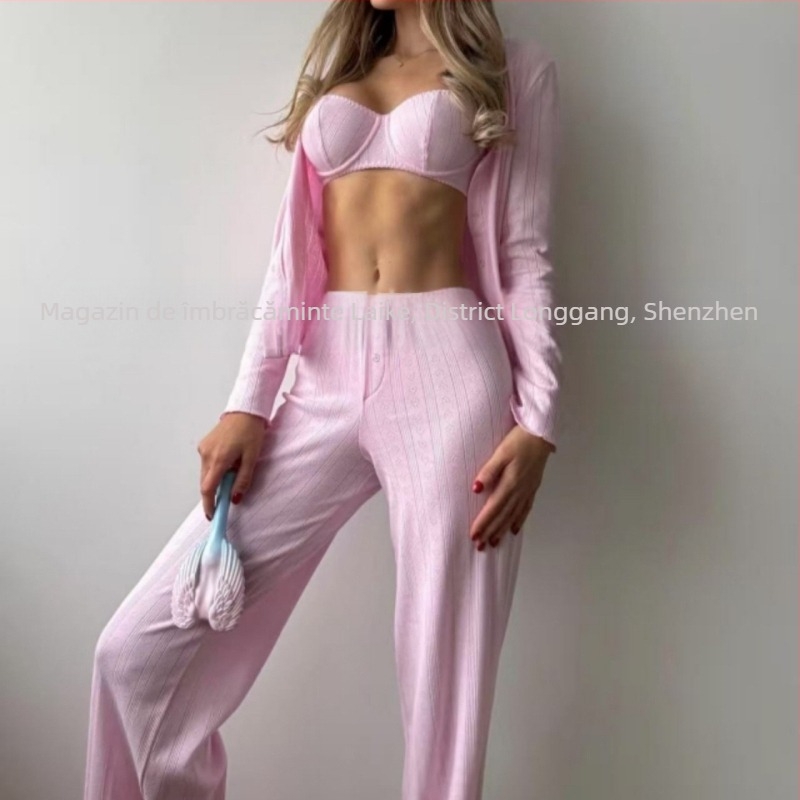 Set de pijama în stil rus, imprimeu inimă-flori, top fără mâneci cu bretele și pantaloni scurți, 4 piese, țesătură poliester-bumbac, greutate medie 181–200 g/m²