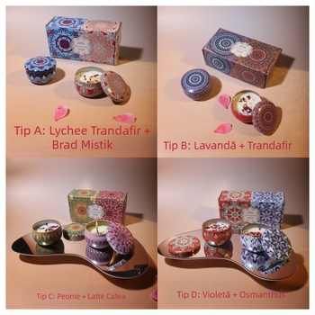 Cutie cadou cu lumânări parfumate Jie Sheng Aromatherapy — lumânări din ceară de soia, în formă de ceașcă, lucrate manual, turnate manual, cu logo pe recipient