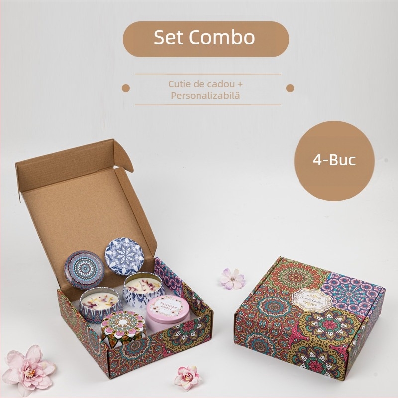 Cutie cadou cu lumânări parfumate Jie Sheng Aromatherapy — lumânări din ceară de soia, în formă de ceașcă, lucrate manual, turnate manual, cu logo pe recipient