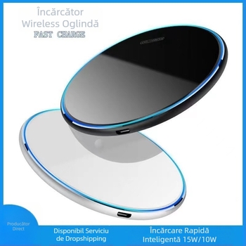 Încărcător wireless de birou, 15W, carcasă rotundă din aliaj de aluminiu, ieșire 2A, QC2.0, compatibil cu Apple și Huawei
