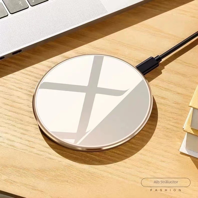 Încărcător wireless de birou, 15W, carcasă rotundă din aliaj de aluminiu, ieșire 2A, QC2.0, compatibil cu Apple și Huawei