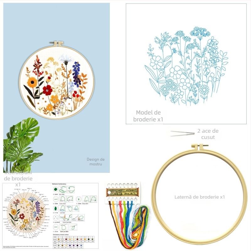 Kit de broderie în cruce: model plante și flori, material din bumbac, stil nou chinezesc