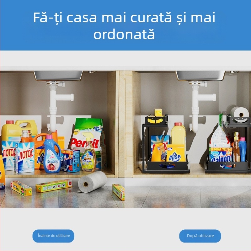 Raft de bucătărie cu două niveluri, glisant, din sârmă de fier, organizator multipurpose, pentru bucătărie și sub chiuvetă, design modern minimalist
