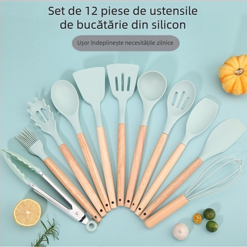 Set tacâmuri de bucătărie din silicon cu mânere din lemn, 12 piese, design minimalist modern, rezistente la căldură și antiderapante