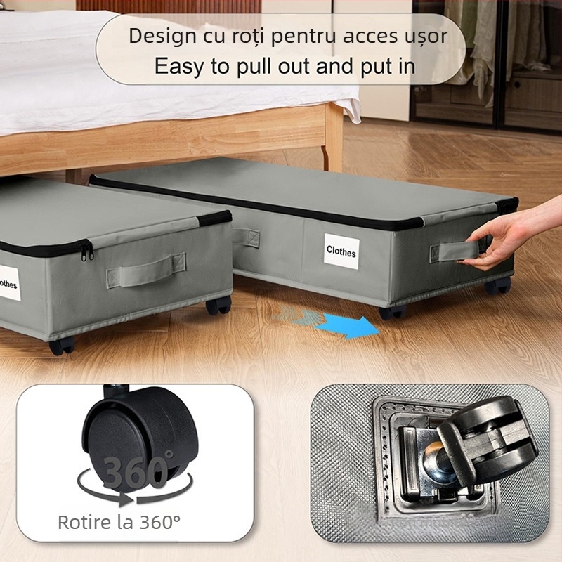Cutie de depozitare sub pat cu roți, 55L, din material Oxford 600D, pliabilă și rezistentă la praf