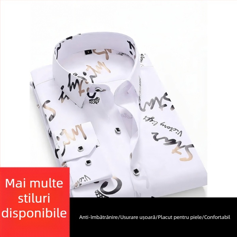 Cămașă de bărbați - Amestec poliester, uscare rapidă, fără călcare, jacquard floral, mânecă scurtă