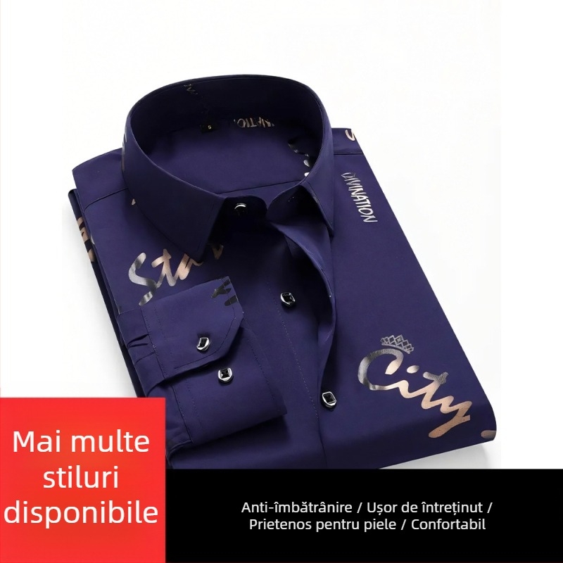 Cămașă de bărbați - Amestec poliester, uscare rapidă, fără călcare, jacquard floral, mânecă scurtă