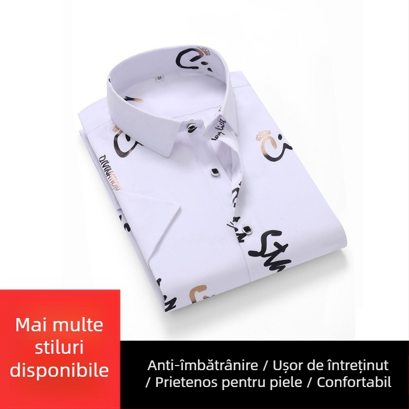 Cămașă de bărbați - Amestec poliester, uscare rapidă, fără călcare, jacquard floral, mânecă scurtă