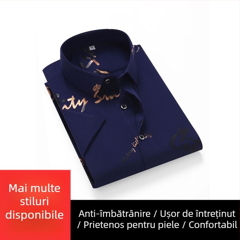 Cămașă de bărbați - Amestec poliester, uscare rapidă, fără călcare, jacquard floral, mânecă scurtă