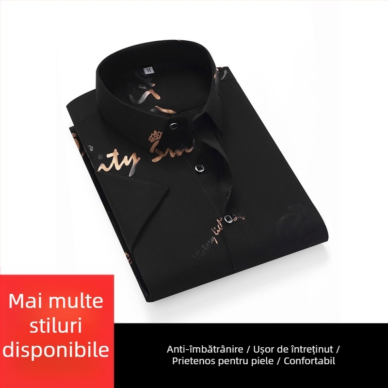 Cămașă de bărbați - Amestec poliester, uscare rapidă, fără călcare, jacquard floral, mânecă scurtă