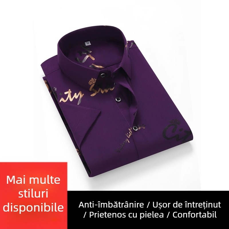 Cămașă de bărbați - Amestec poliester, uscare rapidă, fără călcare, jacquard floral, mânecă scurtă