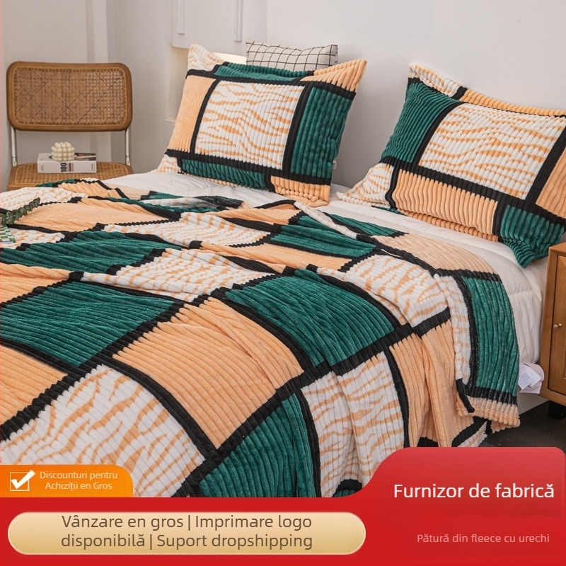 Pătură de flanel cu model geometric, fibre de poliester, 800–1000 g, pentru toate anotimpurile, stil modern minimalist