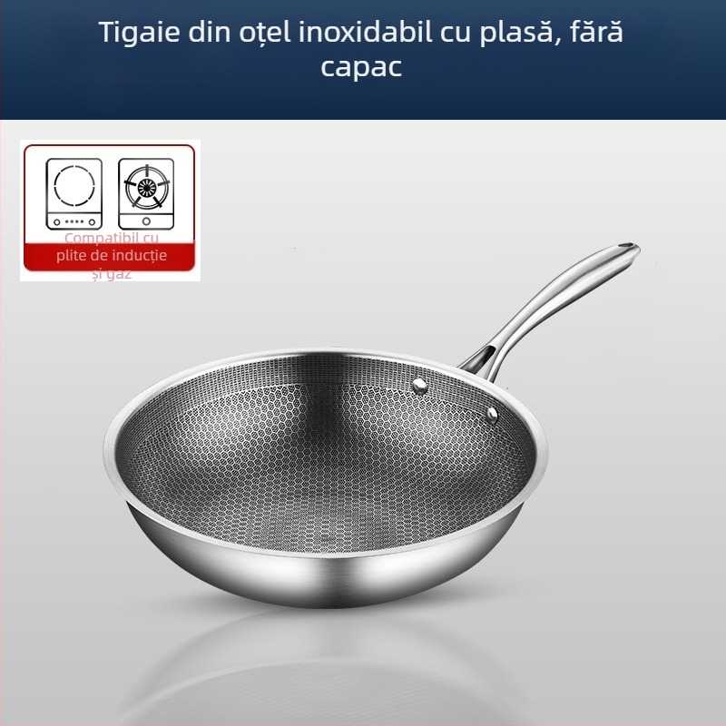 Wok din oțel inoxidabil cu strat antiaderent, fund adânc, 1 kg, compatibil cu toate plitele, design modern minimalist