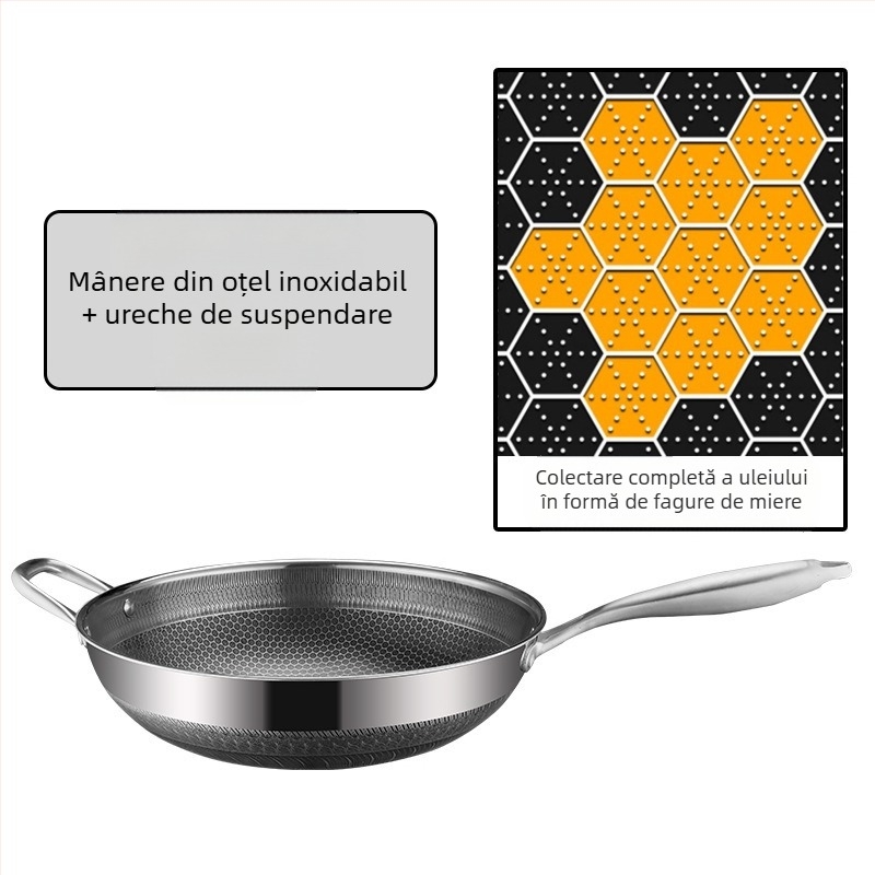 Wok din oțel inoxidabil cu strat antiaderent, fund adânc, 1 kg, compatibil cu toate plitele, design modern minimalist