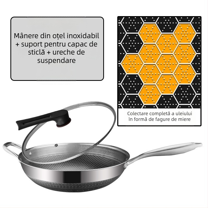 Wok din oțel inoxidabil cu strat antiaderent, fund adânc, 1 kg, compatibil cu toate plitele, design modern minimalist
