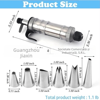 Pistol de decorare pentru prăjituri și biscuiți — instrument manual de decorare cremă, din oțel inoxidabil și plastic, design modern minimalist, set de decorare cu duză și pungă