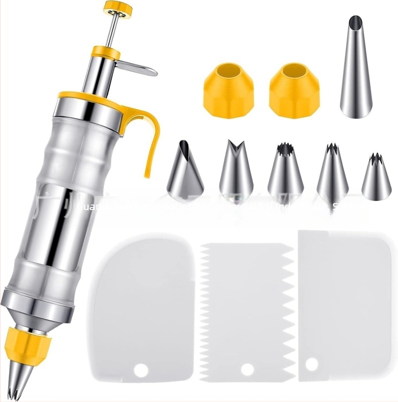 Pistol de decorare pentru prăjituri și biscuiți — instrument manual de decorare cremă, din oțel inoxidabil și plastic, design modern minimalist, set de decorare cu duză și pungă