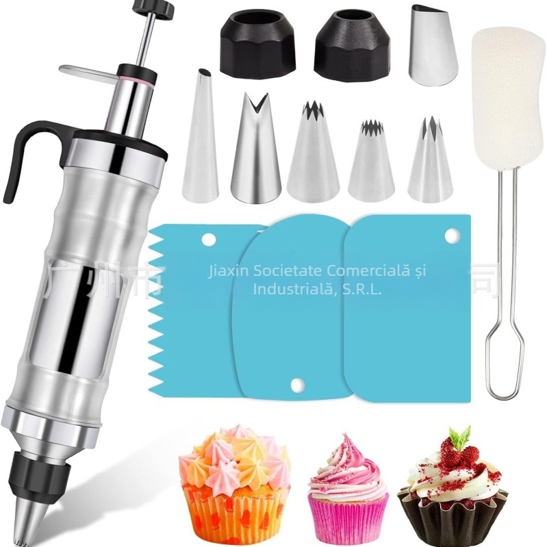 Pistol de decorare pentru prăjituri și biscuiți — instrument manual de decorare cremă, din oțel inoxidabil și plastic, design modern minimalist, set de decorare cu duză și pungă