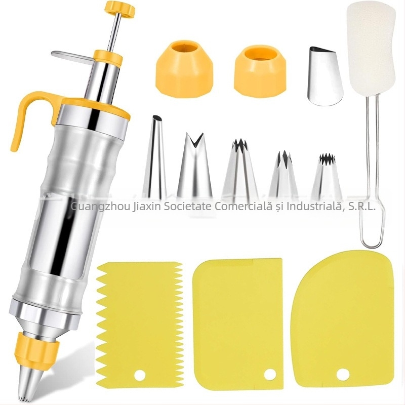 Pistol de decorare pentru prăjituri și biscuiți — instrument manual de decorare cremă, din oțel inoxidabil și plastic, design modern minimalist, set de decorare cu duză și pungă