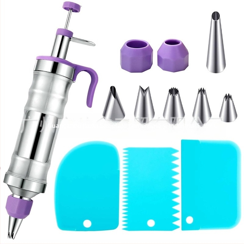 Pistol de decorare pentru prăjituri și biscuiți — instrument manual de decorare cremă, din oțel inoxidabil și plastic, design modern minimalist, set de decorare cu duză și pungă