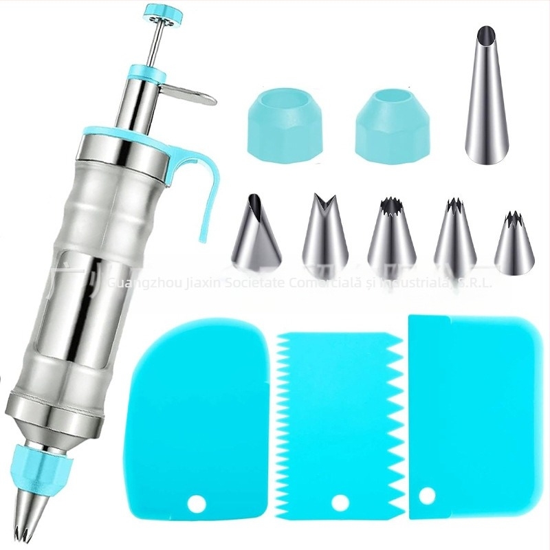 Pistol de decorare pentru prăjituri și biscuiți — instrument manual de decorare cremă, din oțel inoxidabil și plastic, design modern minimalist, set de decorare cu duză și pungă
