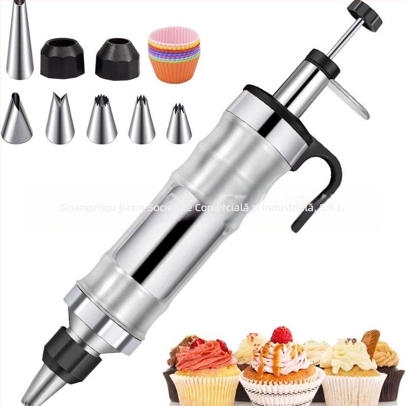 Pistol de decorare pentru prăjituri și biscuiți — instrument manual de decorare cremă, din oțel inoxidabil și plastic, design modern minimalist, set de decorare cu duză și pungă