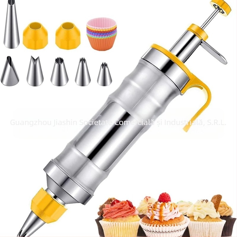 Pistol de decorare pentru prăjituri și biscuiți — instrument manual de decorare cremă, din oțel inoxidabil și plastic, design modern minimalist, set de decorare cu duză și pungă