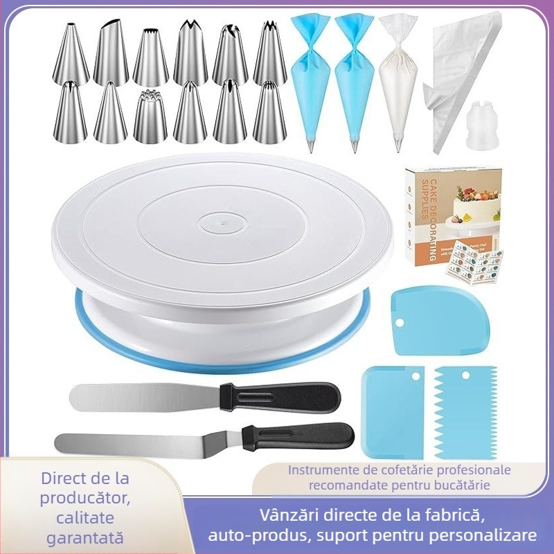 Set decorare prăjituri cu 71 piese, platou rotativ, vârfuri de decor, sacoșe pentru decor și spatulă pentru cremă