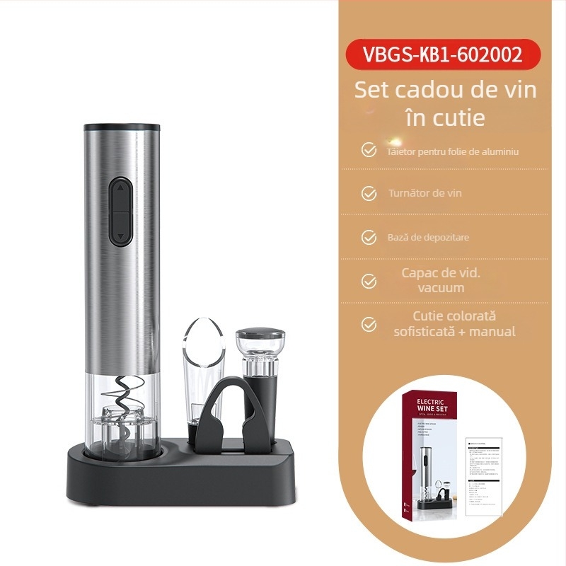 Set de vin, 5 piese, cu dop de vid, dozator de vin, tăietor pentru folie, deschizător de sticle și bază de depozitare; material plastic, stil lux lejer retro