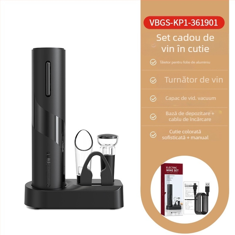 Set de vin, 5 piese, cu dop de vid, dozator de vin, tăietor pentru folie, deschizător de sticle și bază de depozitare; material plastic, stil lux lejer retro
